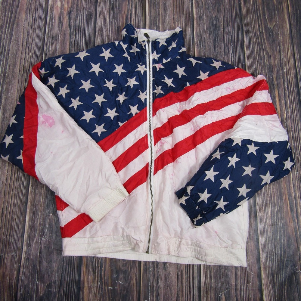 Fu Da International Jacket Mens Medium Red White Blue Silk USA Flag Windbreaker